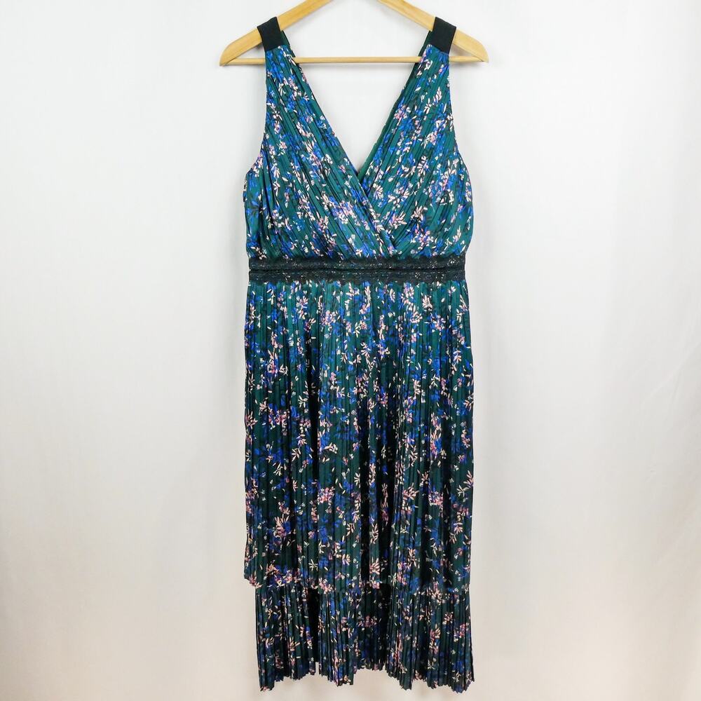 Banana Republic Sleeveless Micro Pleat Dress Sz 8 Petite Green Blue Floral Midi - Picture 3 of 13